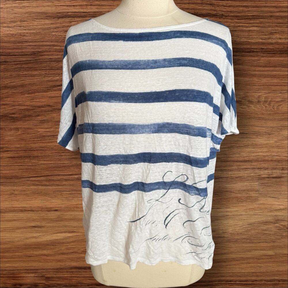Lauren Ralph Lauren White and Blue Striped 100% Linen Top Short Sleeve Sz XL